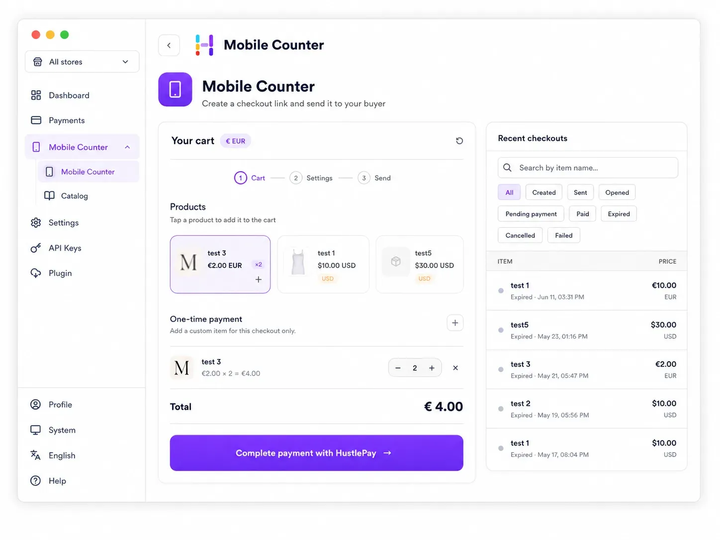 HustlePay dashboard showing the Mobile Counter checkout builder