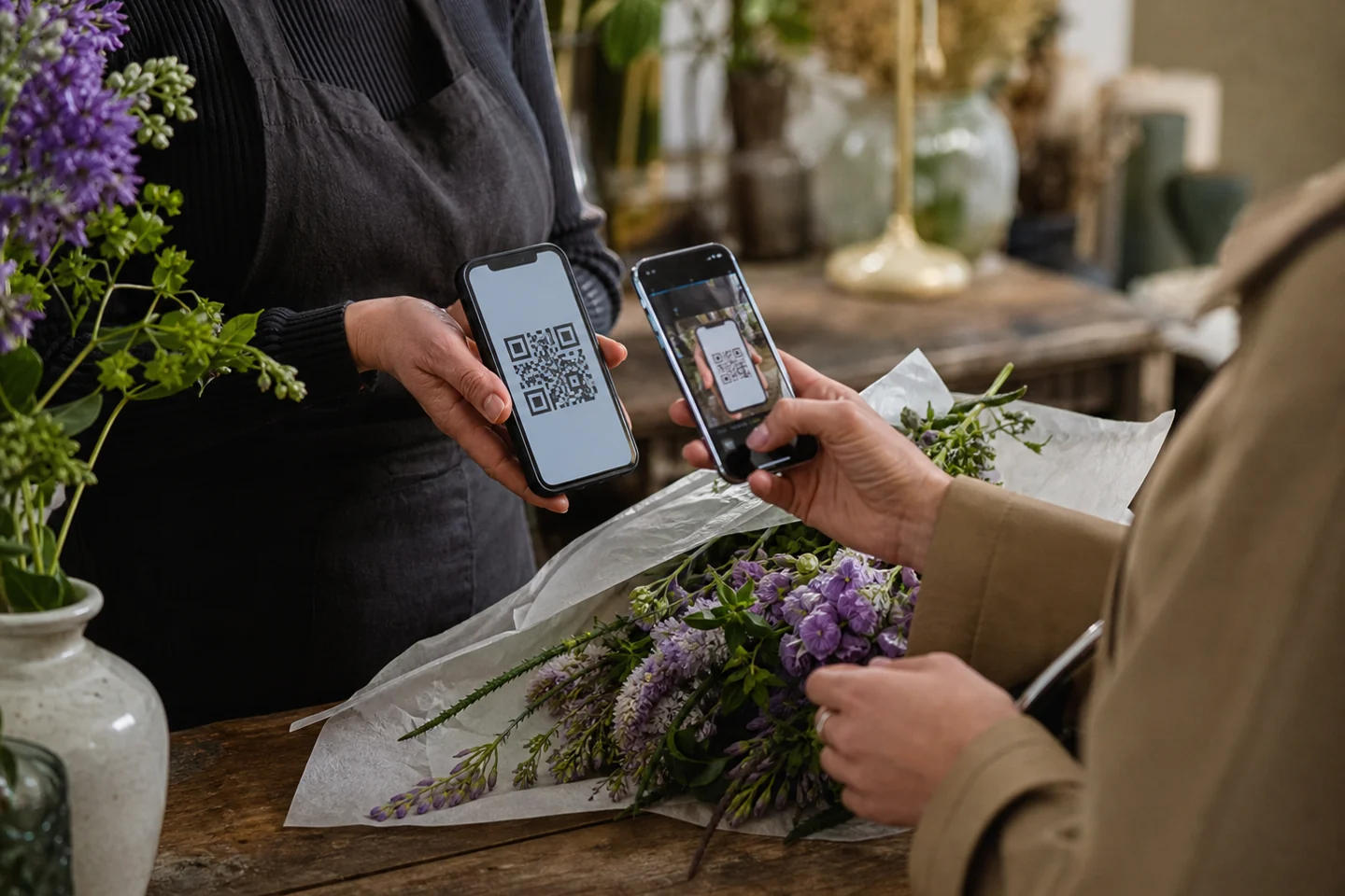 Merchant showing a Mobile Counter QR checkout while a customer scans it on their phone