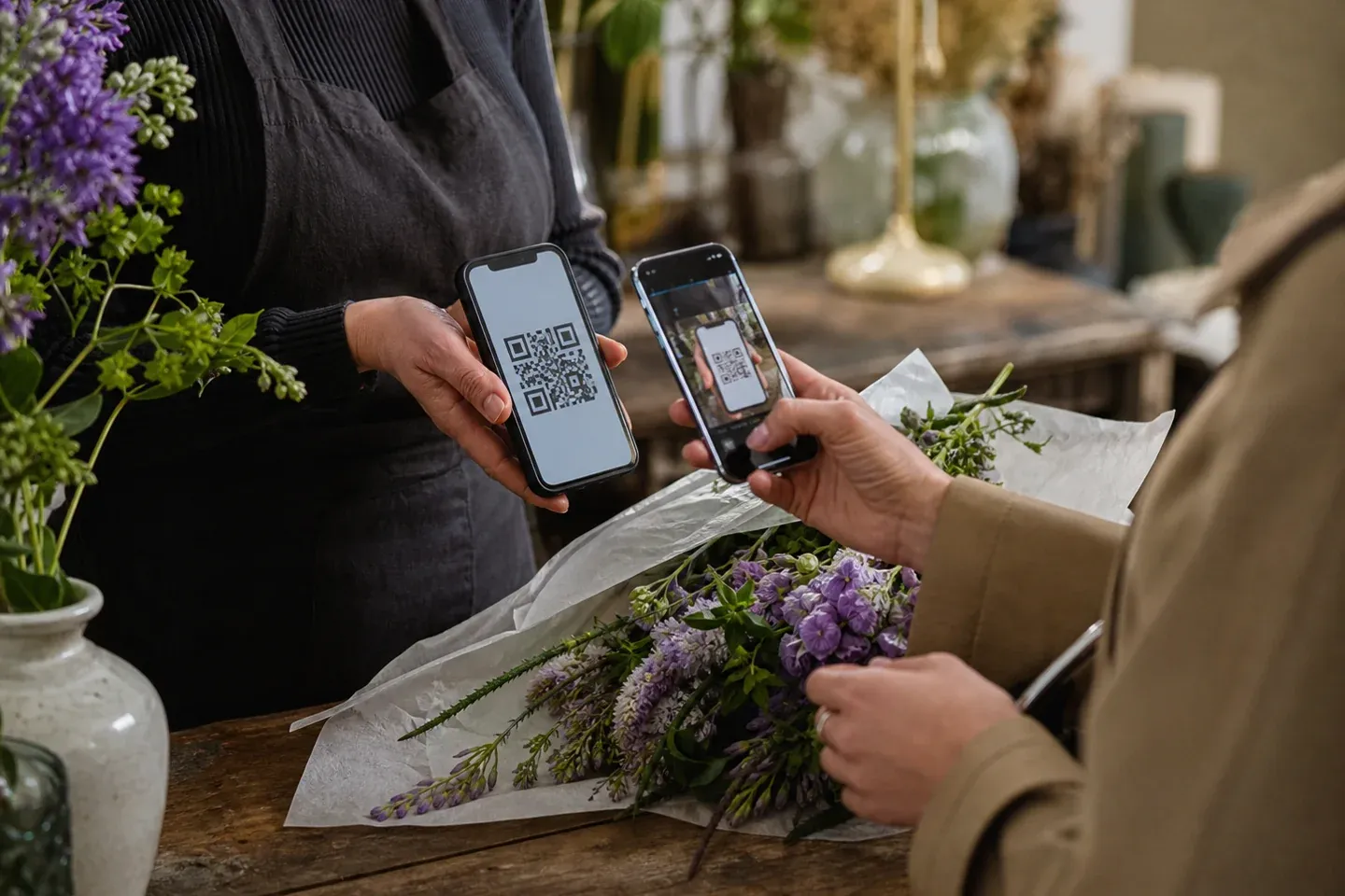 Un commerciante mostra un codice QR per il pagamento tramite Mobile Counter mentre un cliente lo scansiona sul proprio telefono.