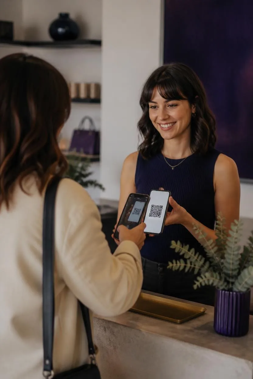 Customer scanning a QR code with their phone to pay a merchant at the counter